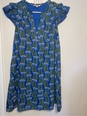 Blue Floral Midi Dress with Lace Trim
